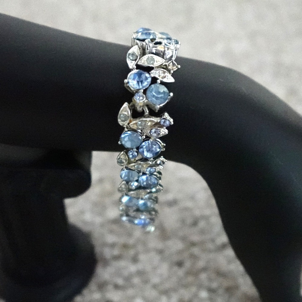 Coro Vintage Blue Rhinestone Link Bracelet Silver Tone Floral J-Hook Adjustable